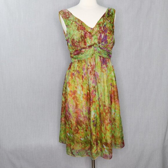 Sundance 100% Silk Fit & Flare Dress Size 10 Green Watercolor Floral Sleeveless - Picture 2 of 16